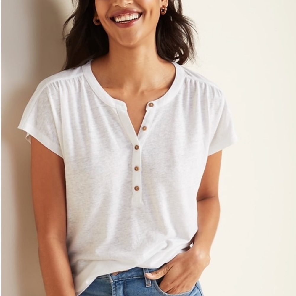 Loose Linen Blend Jersey Henley Top